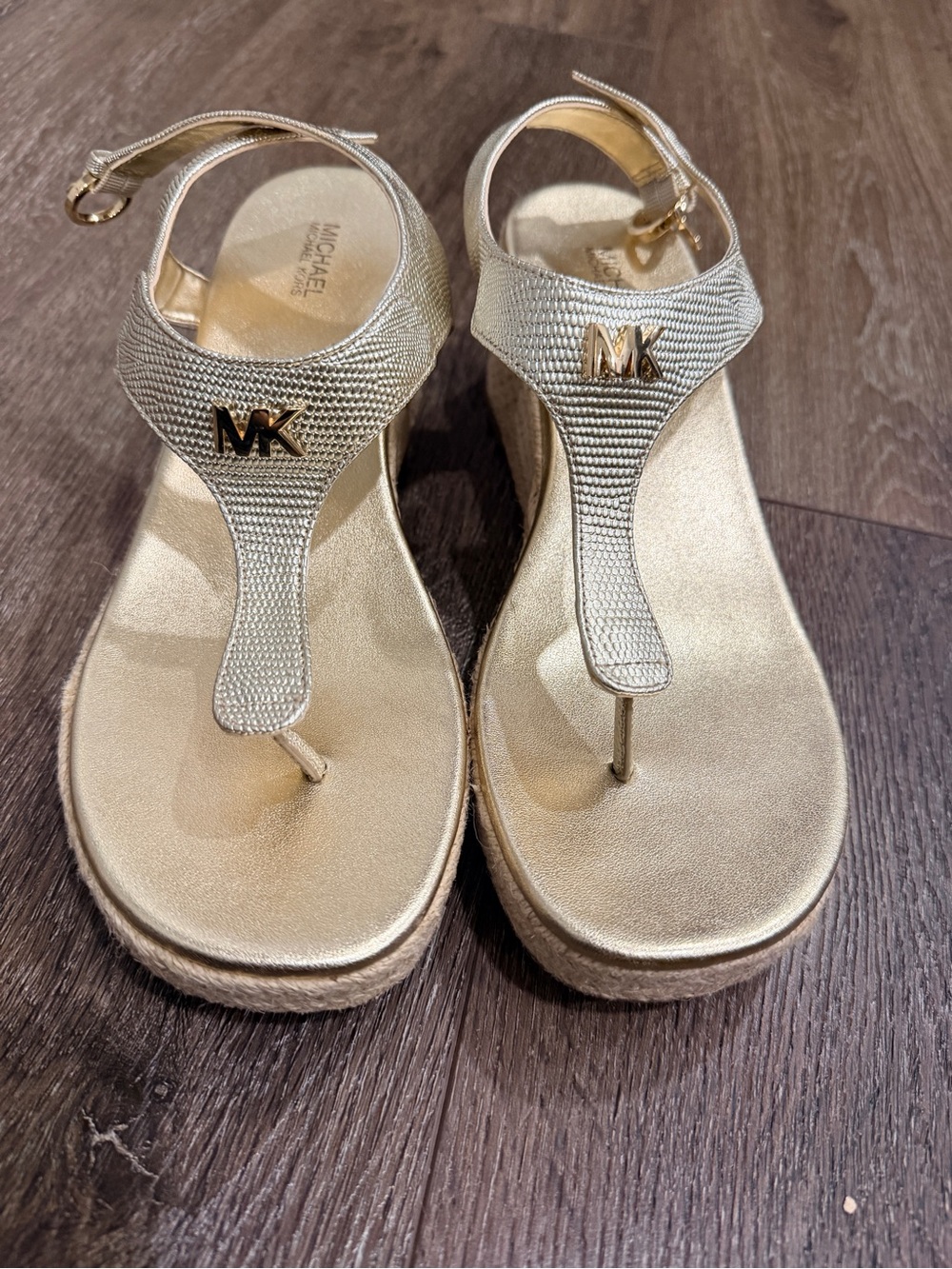 MICHAEL Michael Kors Metallic Gold Thong Sandals with MK Logo